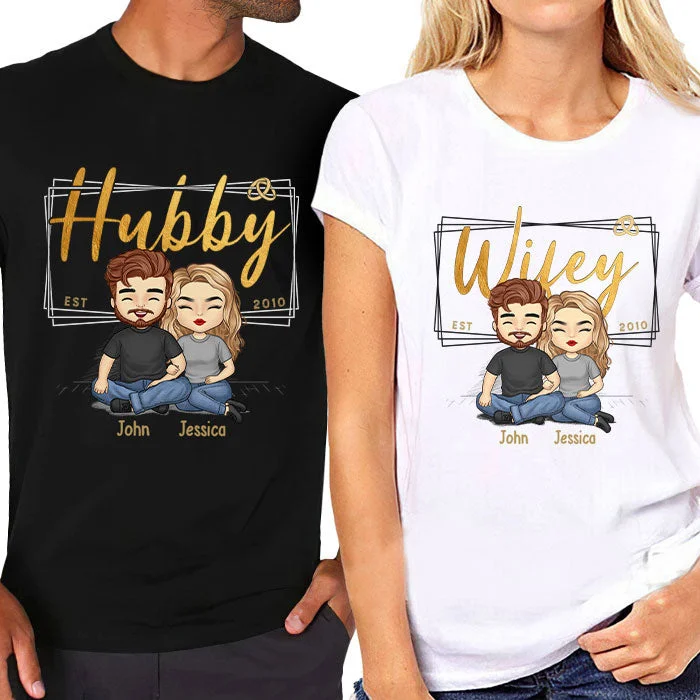 Hubby & Wifey Est Year - Personalized Matching Couple T-Shirt - Gift For Couple, Husband Wife, Anniversary, Engagement, Wedding, Marriage Gift