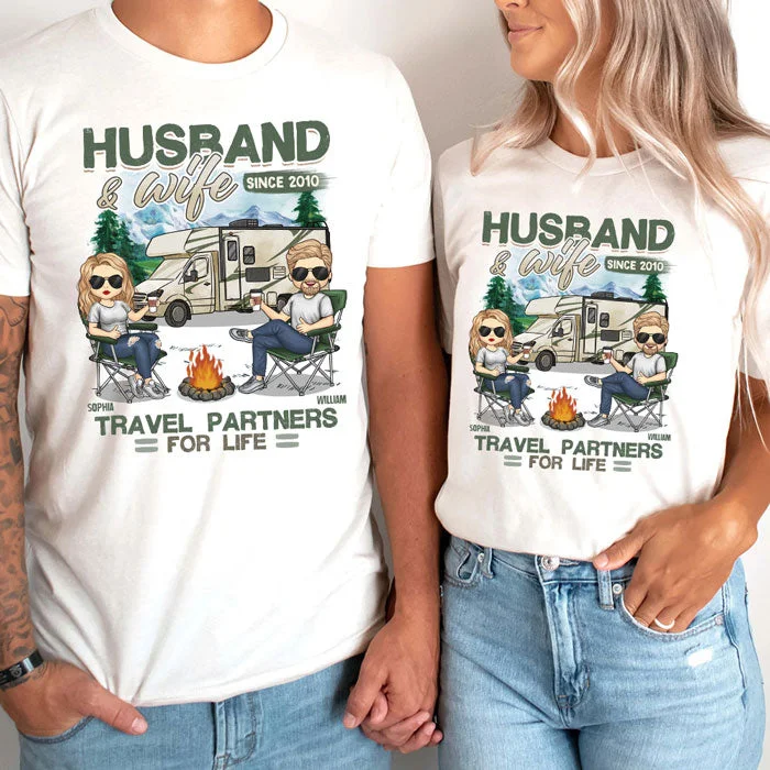 Husband & Wife, Travel Partners For Life - Personalized Matching Couple T-Shirt - Gift For Couple, Husband Wife, Anniversary, Engagement, Wedding, Marriage, Camping Gift