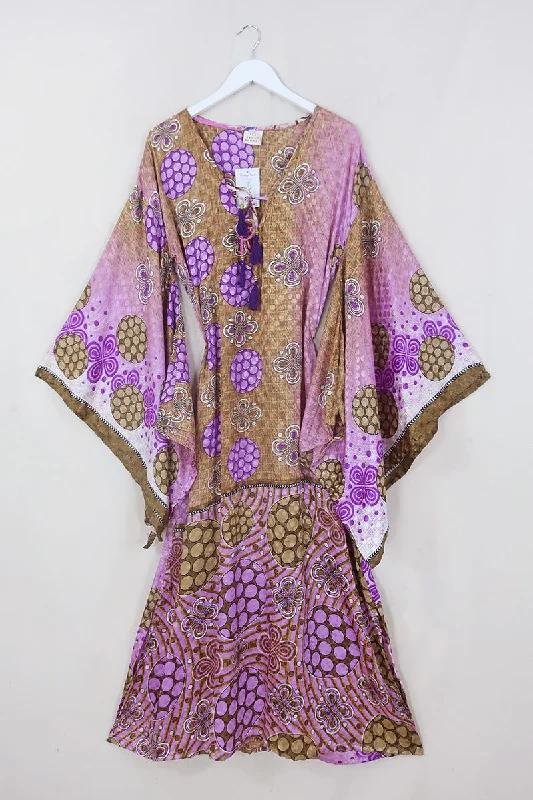 Cassandra Maxi Kaftan - Olive & Orchid Retro Floral - Vintage Sari - Size M/L