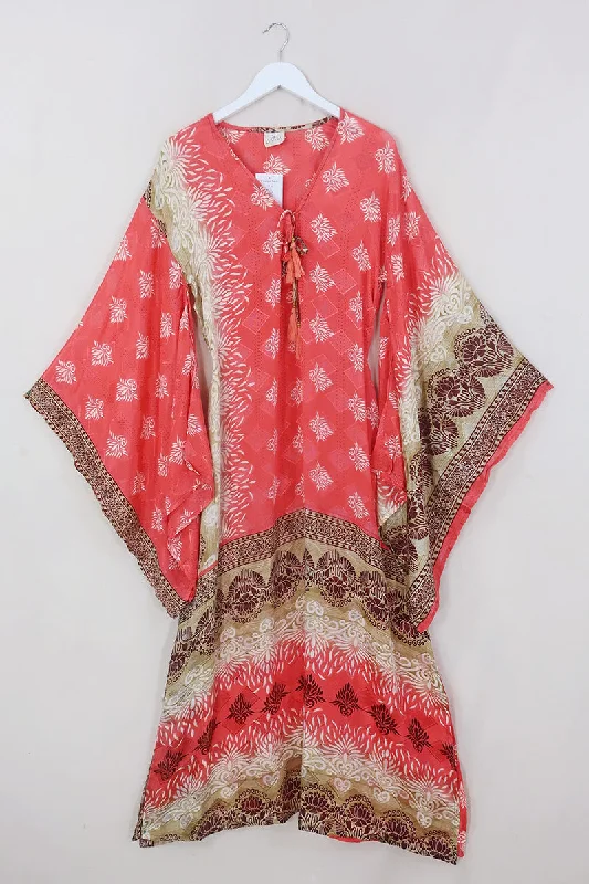 Cassandra Maxi Kaftan - Watermelon & Gold Lotus Motif - Vintage Sari - Size M/L