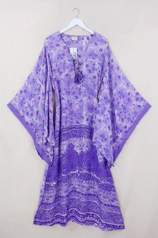 Cassandra Maxi Kaftan - Lavender Pastel Flowers - Vintage Sari - Size M/L