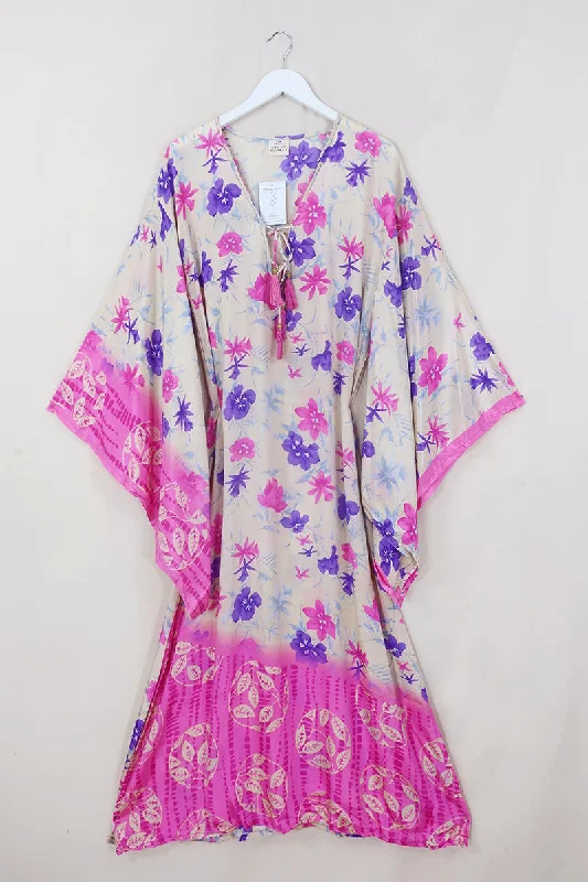 Cassandra Maxi Kaftan - Fuchsia & Violet Floral - Vintage Sari - Size S/M