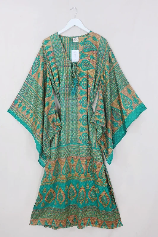 Cassandra Maxi Kaftan - Jade & Sandstone Leaf Motif - Vintage Sari - Size S/M