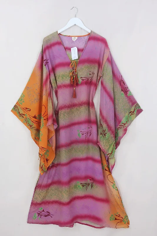 Cassandra Maxi Kaftan - Strawberry & Sage Stripe - Vintage Sari - Size S/M