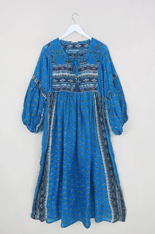 Daisy Maxi Smock Dress - Crystal Blue Diamond Print - Vintage Indian Cotton - Size XS