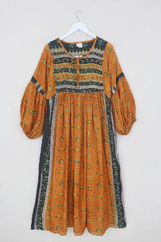 Daisy Maxi Smock Dress - Ink Black & Rust Stripe - Vintage Indian Cotton - Size XS