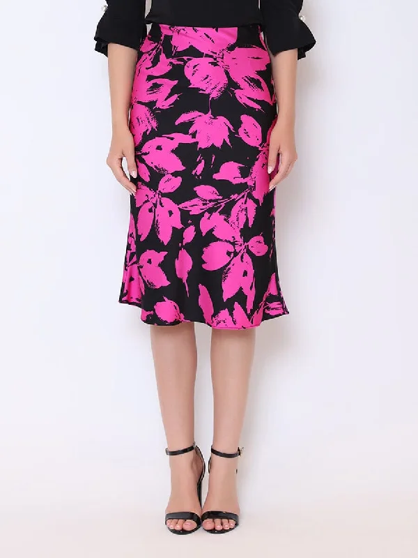 Floral Print Satin Fishtail Midi Skirt