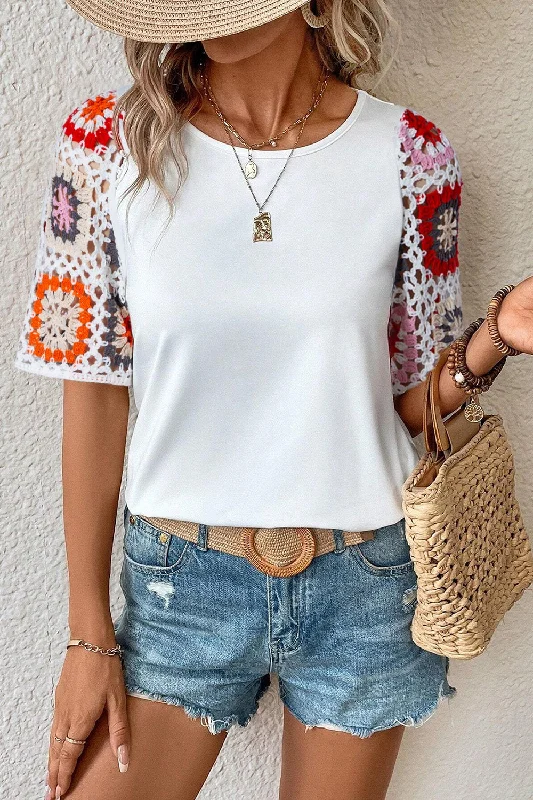 Crochet Round Neck Short Sleeve Blouse