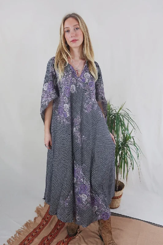 Goddess Dress - Jet & Lavender - Vintage Pure Silk - Free Size