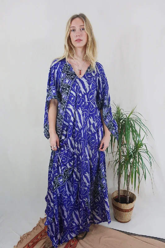 SALE | Goddess Dress - Royal Purple Abstract - Vintage Pure Silk - Free Size