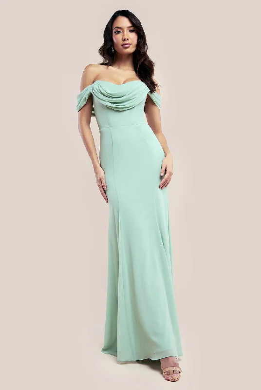 Goddiva Chiffon Bardot Cowl Neck Maxi Dress - Sage Green