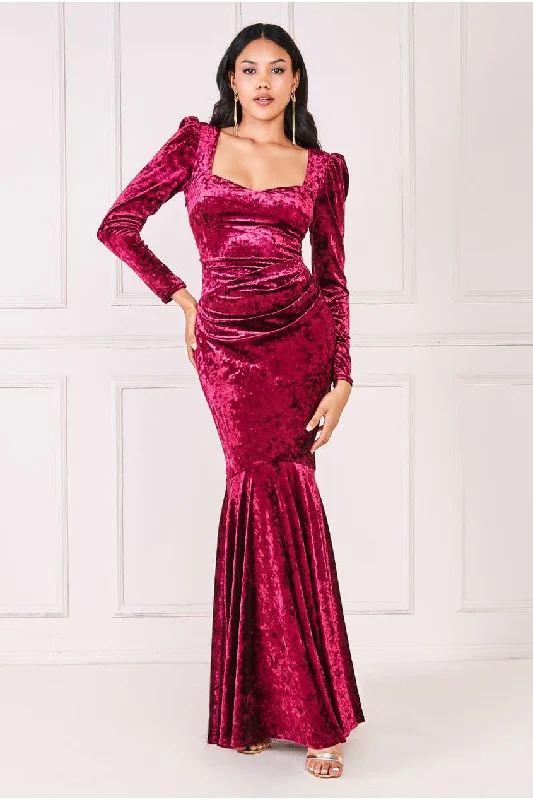 Goddiva Flared Hem Ice Velvet Maxi - Burgundy