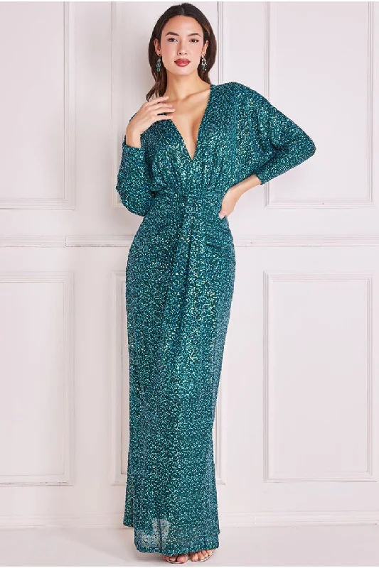 Goddiva Plunge V-Neck Sequin Maxi - Emerald Green