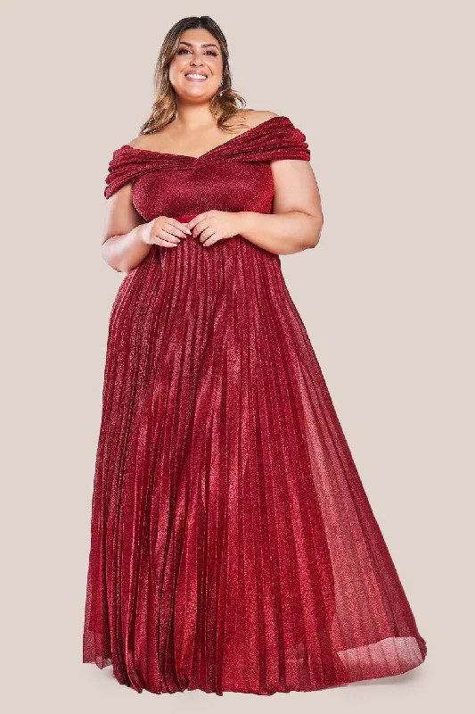 Goddiva Plus Bardot Pleated Skirt Maxi Dress - Red