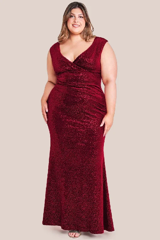 Goddiva Plus Sequin & Velvet Bardot Maxi Dress - Wine