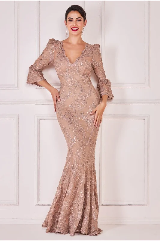 Goddiva Scalloped Lace Maxi Dress - Champagne