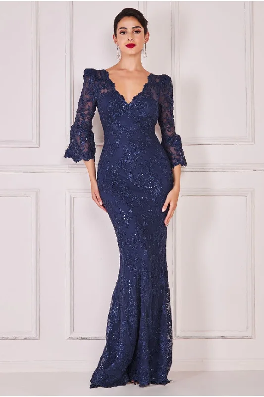 Goddiva Scalloped Lace Maxi Dress - Navy