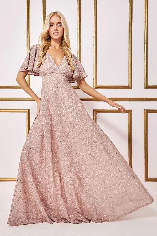 Goddiva Sequin Lurex Flutter Sleeve Maxi Dress - Champagne