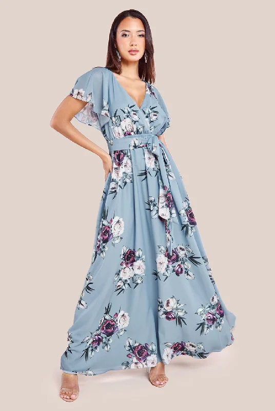 Goddiva Sustainable Printed Flutter Sleeve Maxi Dress - Airforce Blue