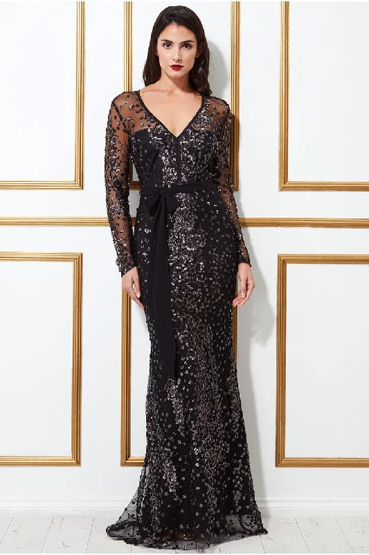 Goddiva Spread On Sequin Maxi Dress With Belt - Black