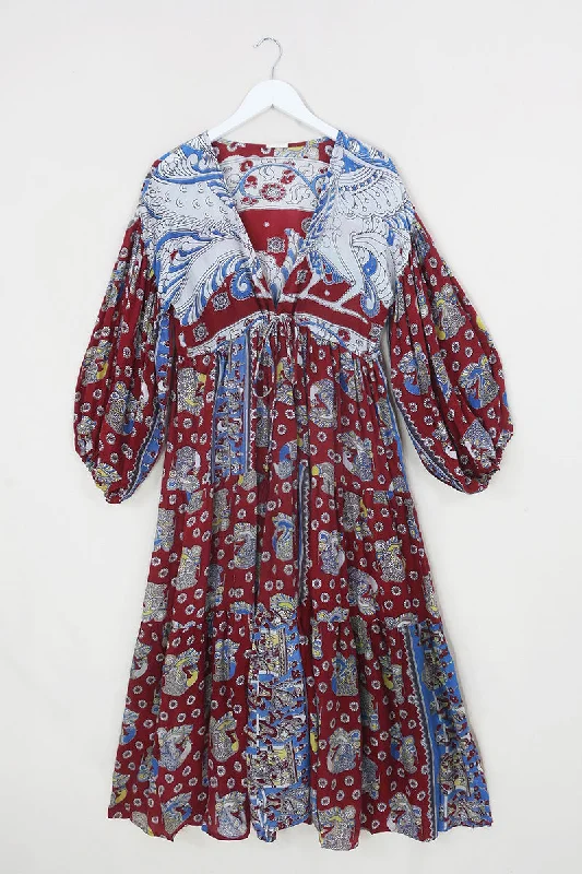 Gypsophila Maxi Dress - Vintage Indian Cotton - Pansy Red Peacock Block Print - Free Size