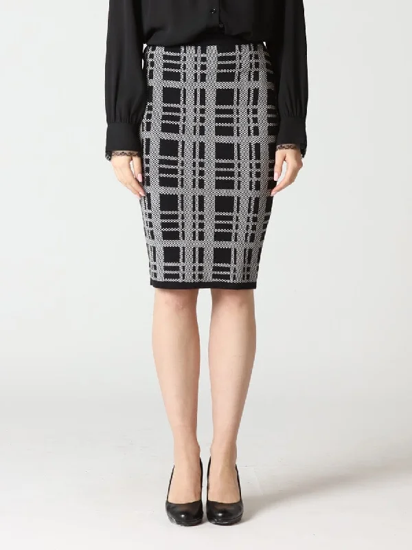 Knit Checked Pattern Bodycon Midi Skirt