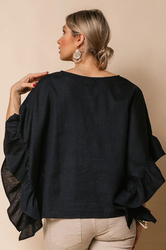 Lena Linen Blend Top in Navy