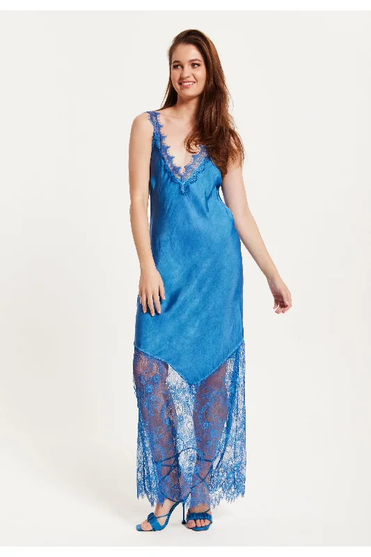 Liquorish Lace Detailed V Neck Maxi Dress In Blue