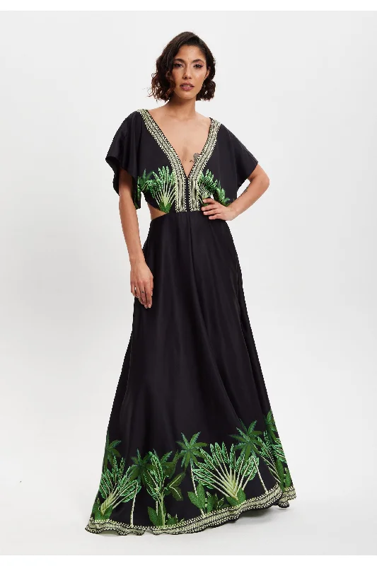 Liquorish Leaf Printed V Neck Back Detail A Line Maxi Dress