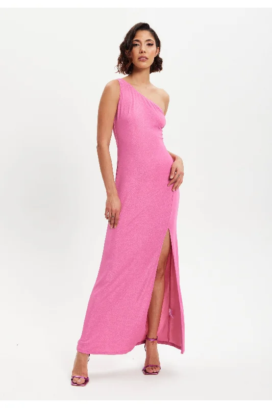 Liquorish Pink Lurex One Shoulder Jersey Maxi Dress With Long Slit