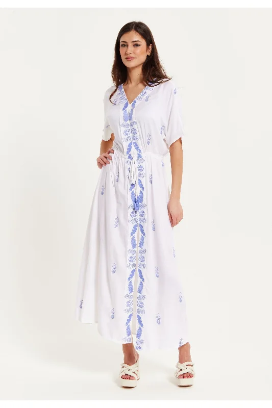 Liquorish White Maxi Beach Dress With Blue Pineapple Embroidery