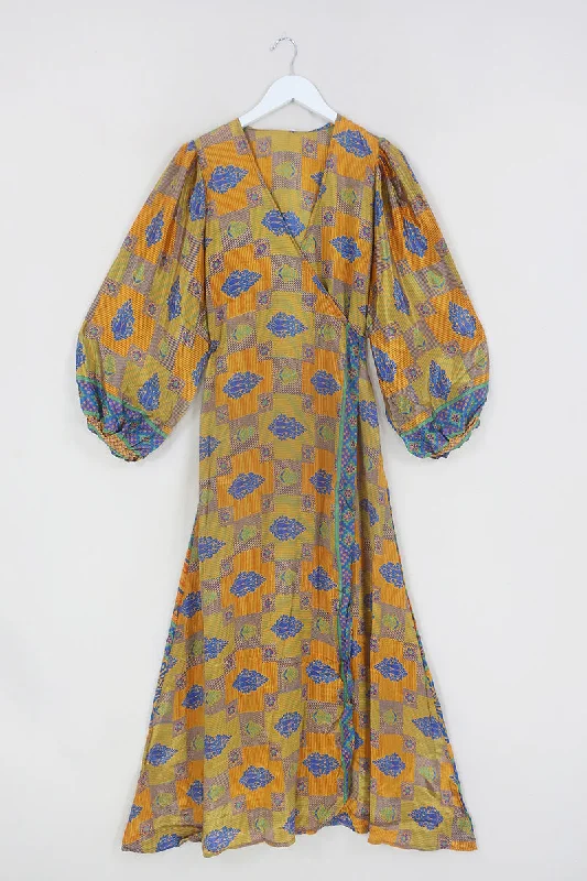 Lola Wrap Dress - Retro Gold, Rust & Indigo Patchwork - Size S/M