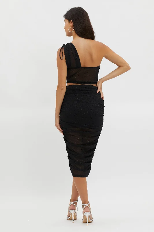 Maddisan Ruched Glitter Mesh Midi Skirt Black