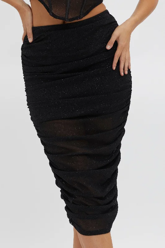 Maddisan Ruched Glitter Mesh Midi Skirt Black