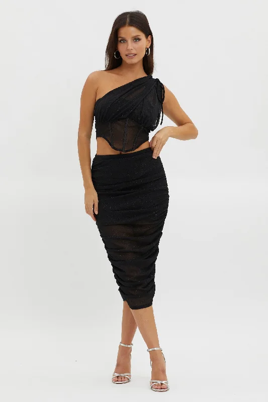 Maddisan Ruched Glitter Mesh Midi Skirt Black