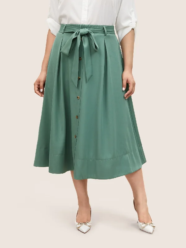 Plain Elastic Waist Pleated Belted Skirt