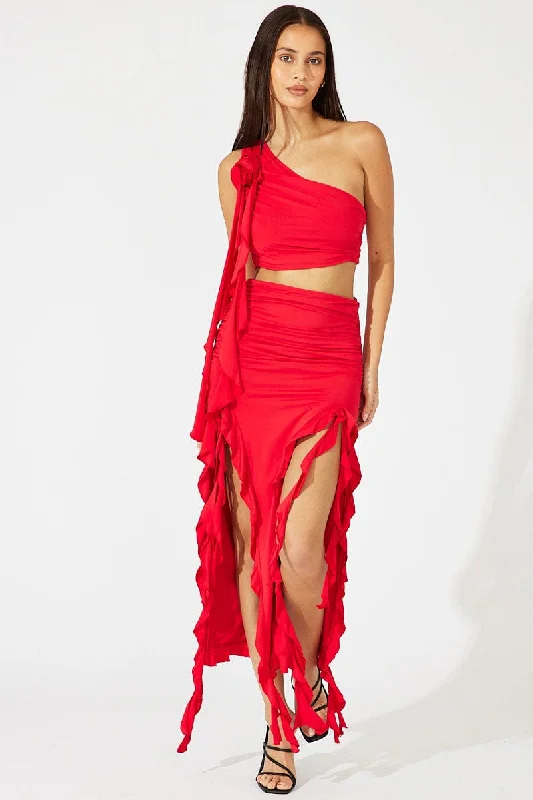 Red Ruffle Maxi Skirt