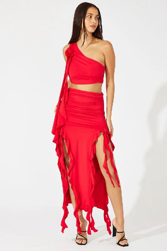 Red Ruffle Maxi Skirt