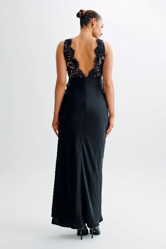 Ricci Satin And Lace Maxi Dress - Black