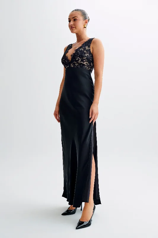 Ricci Satin And Lace Maxi Dress - Black