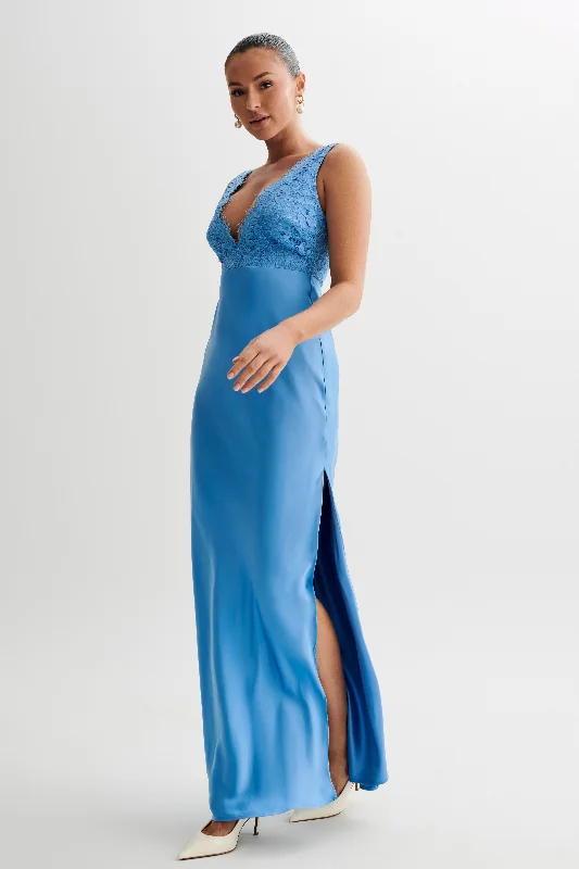 Ricci Satin And Lace Maxi Dress - Iris Blue