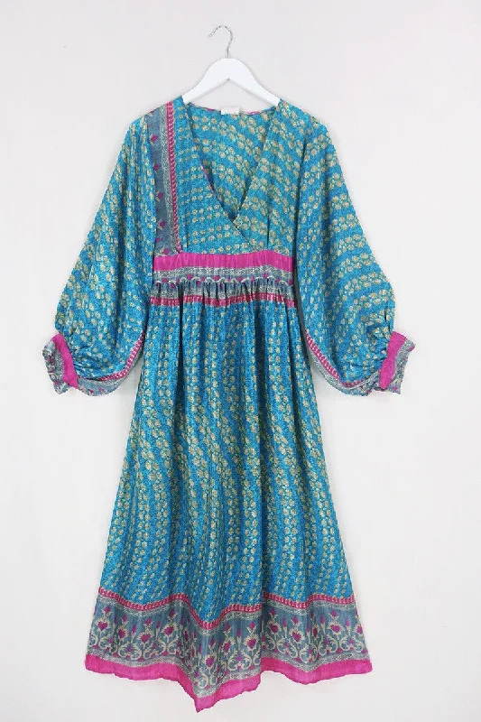 Rosemary Maxi Dress - Vintage Indian Sari - Azure & Sand Baroque - Size S/M