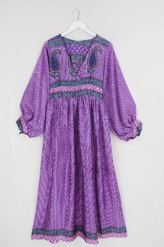 Rosemary Maxi Dress - Vintage Indian Sari - Pearl Pink & Lavender Mosaic - Size S/M