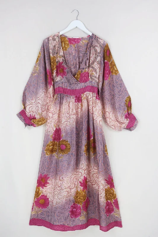 Rosemary Maxi Dress - Vintage Indian Sari - Dusky Flower Ombre - Size XS/S