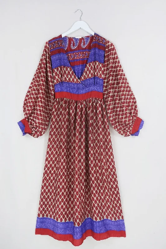 Rosemary Maxi Dress - Vintage Indian Sari - Ecru & Ruby Rosebud Motif - Size XS/S