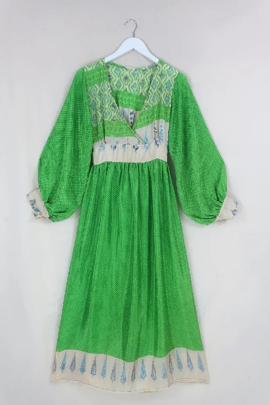 Rosemary Maxi Dress - Vintage Indian Sari - Lime Green & Pampas Grass - Size XS/S