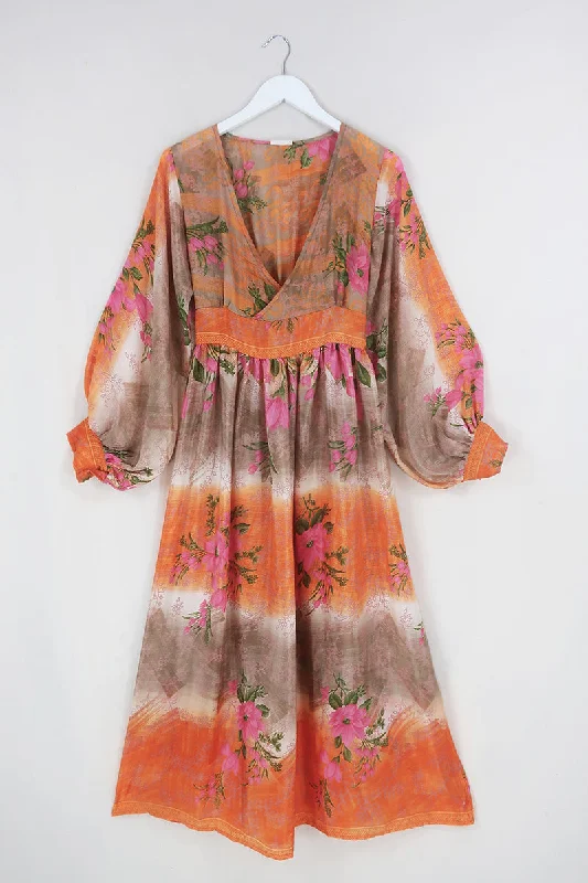 Rosemary Maxi Dress - Vintage Indian Sari - Soft Sunset Flowers - Size XS/S