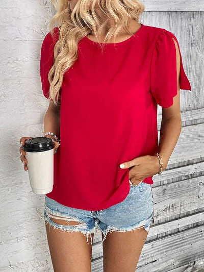 Round Neck Slit Short Sleeve Top