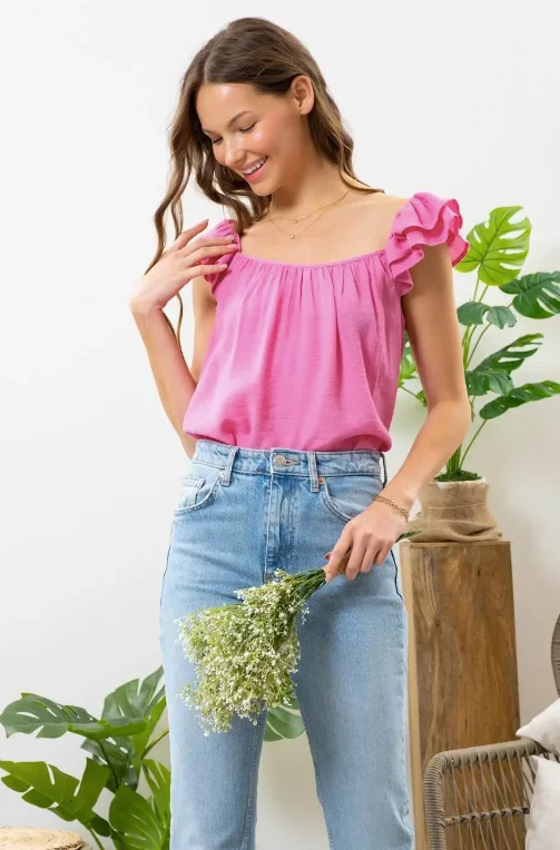 Ruffle Sleeve Tie Back Top - Pink