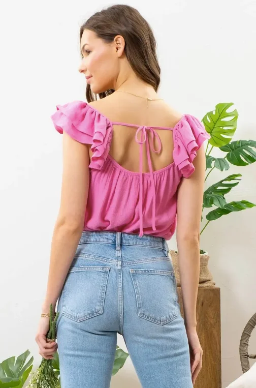 Ruffle Sleeve Tie Back Top - Pink